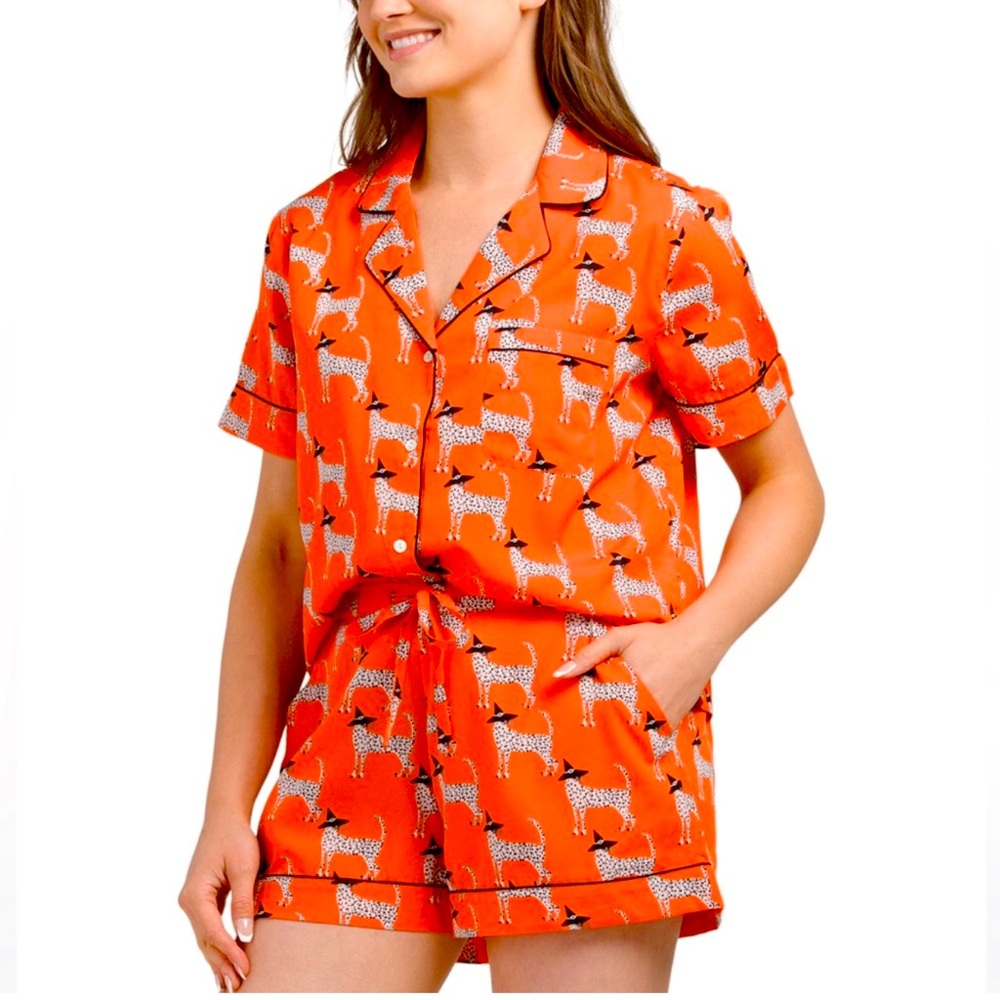 Bouffants & Broken Hearts Halloween Orange Leopard Witch Notch Shorty PJ Set S